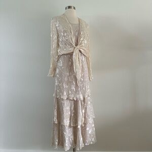 Cameron Blake Long 100% Silk Embroidered Dress Ruffled Skirt With Cover Blazer